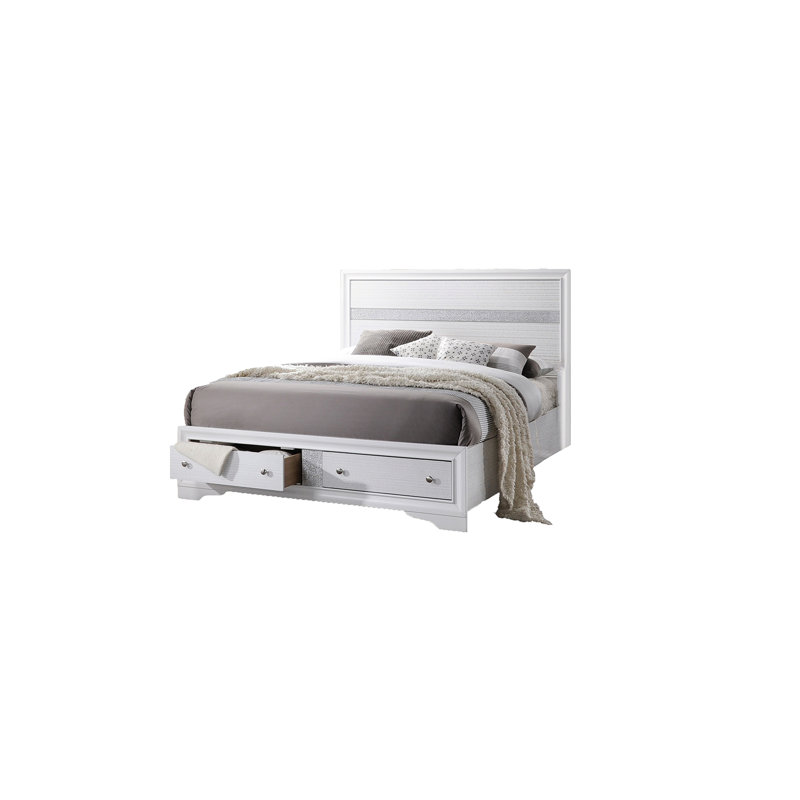 Lit de rangement traditionnel traditionnel en bois blanc avec tiroirs intégrés pour le rangement des couvertures et des oreillers, glissières de tiroir à roulement, élégance de chambre à coucher