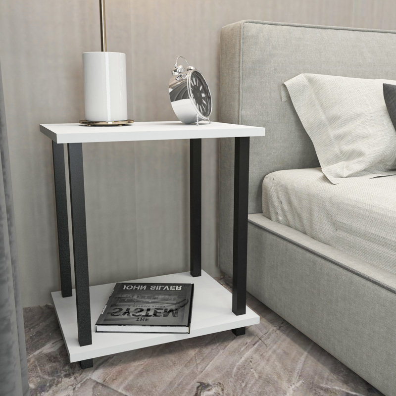 Calvester Nightstand - Modern Square End Table with Lower Shelf, Black/White