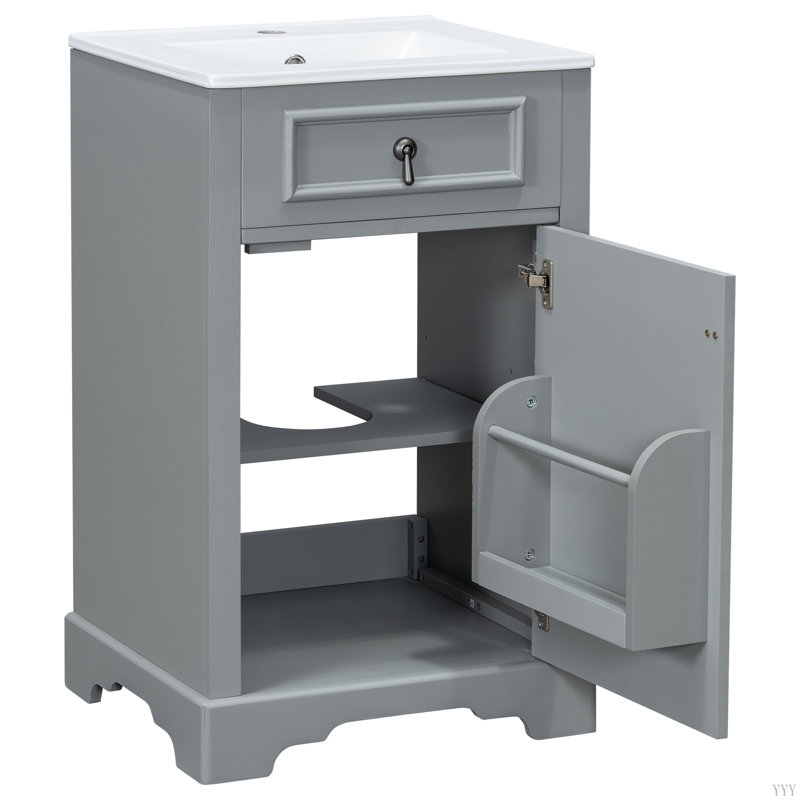 20-Inch Bathroom Vanity with Ceramic Sink - Space-Saving Cabinet with Soft-Close Door, Adjustable Shelf & Door Rack for Small Bathrooms, Compact Storage Solution
