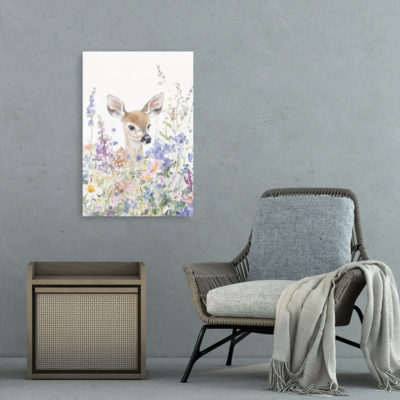 Baby Deer Wildflowers Colorful Delicate Peaceful Deer Nature Spring Wall Art Print by Mathieu - Wrapped Canvas Print