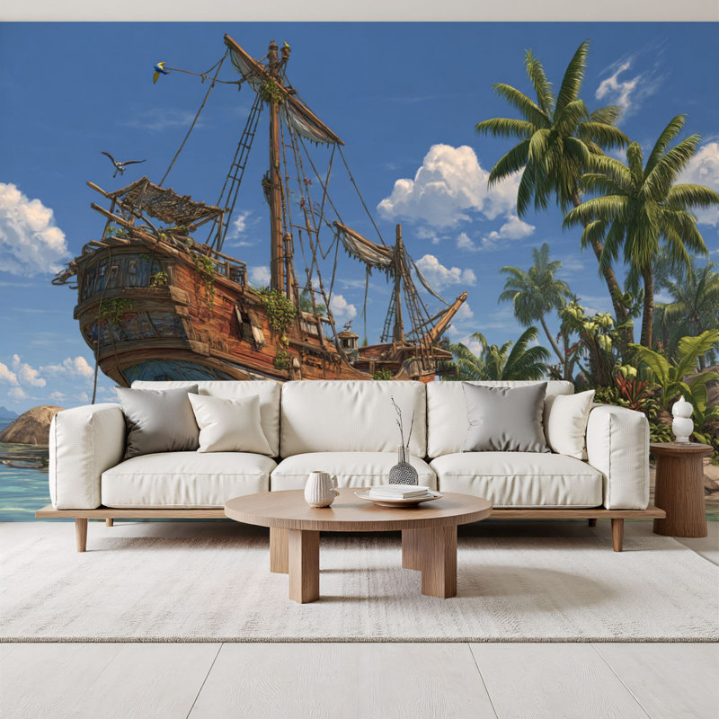 Papier peint adhésif peler et coller en été, bateau de pirate, île tropicale, palmiers, eau bleue claire, papier peint amovible H 69 po x l 96 po, papier peint amovible en PVC, adhésif pour chambre à coucher, bureau à domicile