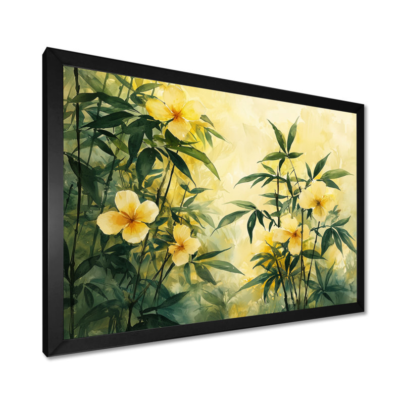 Lueur dorée d'hibiscus tropical dans le sud - art mural hibiscus, H 30 po x l 40 po, Noir, Cadre flottant