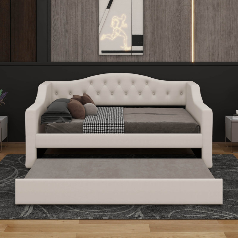 Full XL Size Daybed With LED Belt And Trundle, Beige