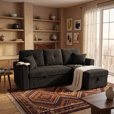 Sectional Sofa with Pull-Out Bed, Reversible Chaise & Hidden Storage - Mid-Century Modern Black Fabric Design