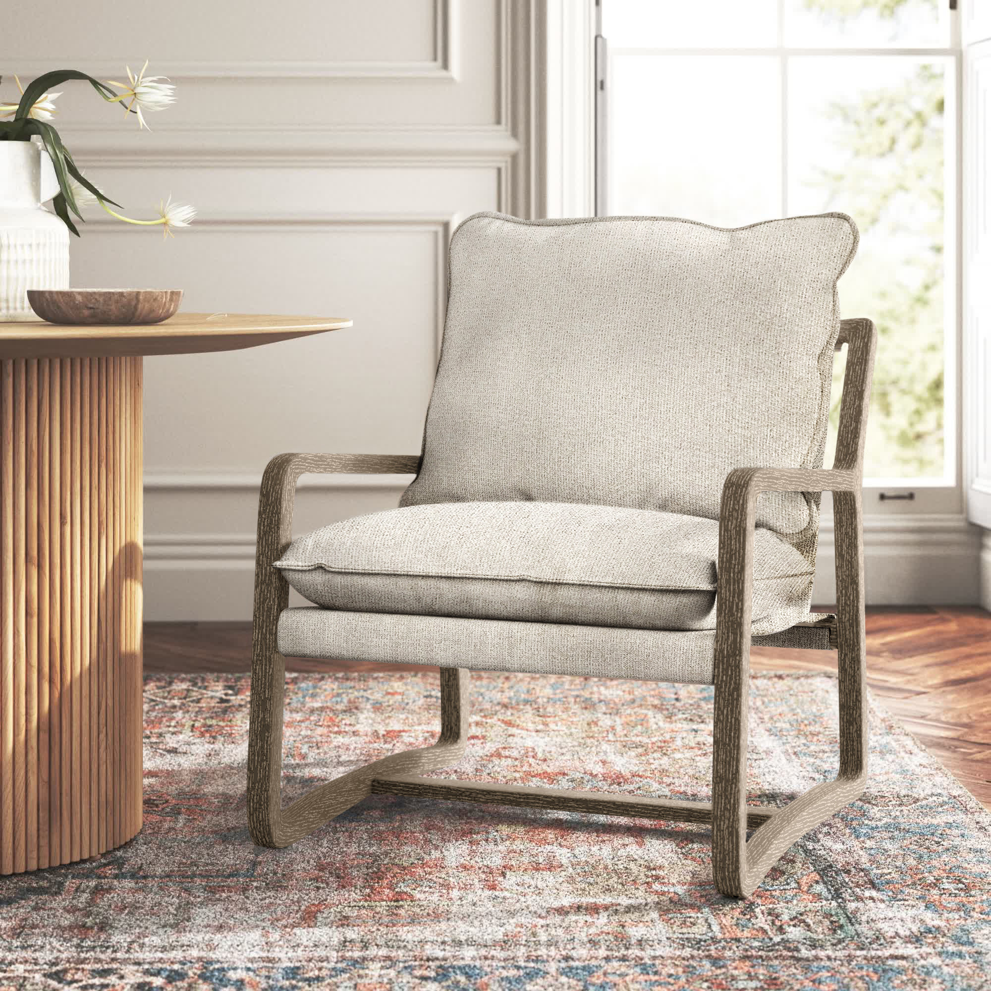 Windy Upholstered Armchair, Light Brown, Beige Polyester