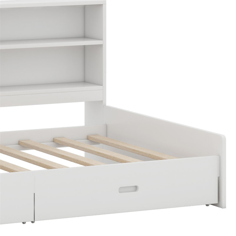 Lit plateforme avec tête de lit avec rangement, tablettes et 2 tiroirs, Blanc