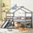Twin Low Loft House Bed With Slide,  Ladder, Safety Guardrails, House Roof Frame,Grey-1979090432