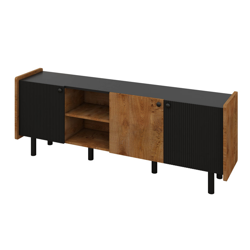 Meuble télé Mid-Century moderne avec 3 armoires, console multimédia pour téléviseur de 70 po ou moins, centre de divertissement et solution de rangement idéaux