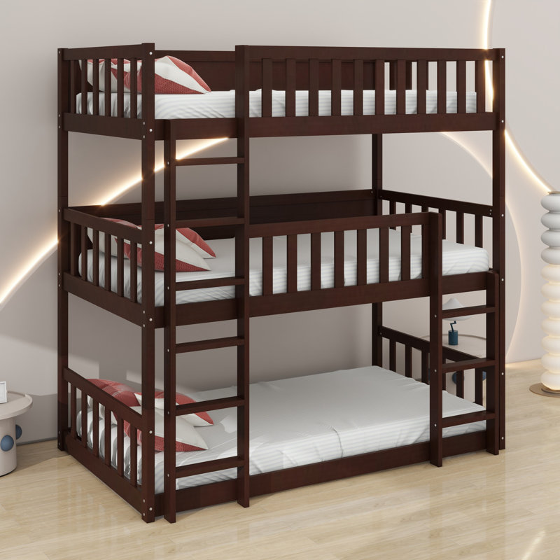 Triple Wood Bunk Bed, With Ladders, Guardrails, Espresso