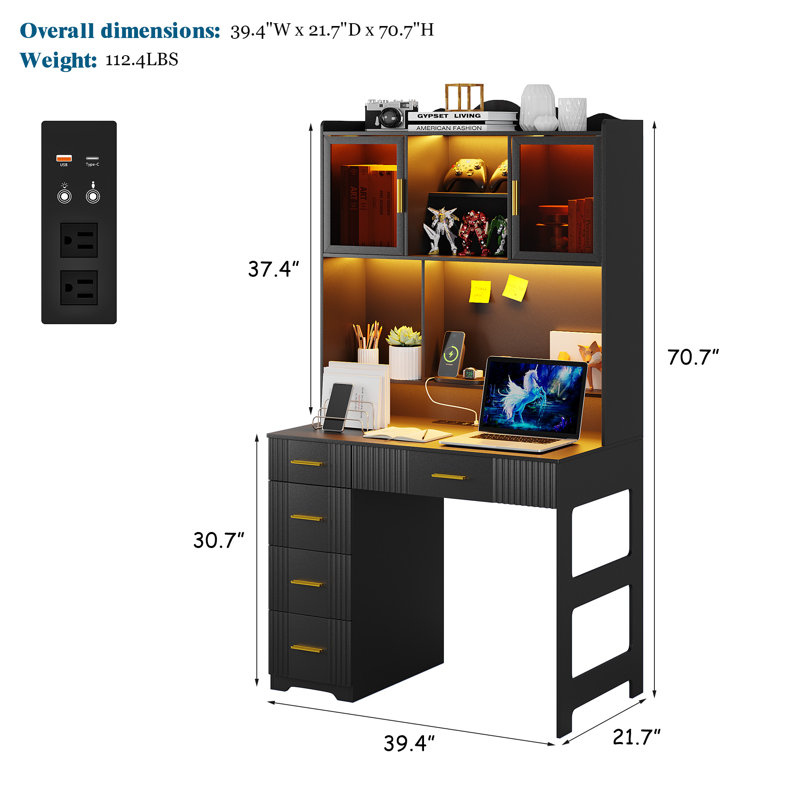 Computer Desk with Hutch and LED Lighting, Black