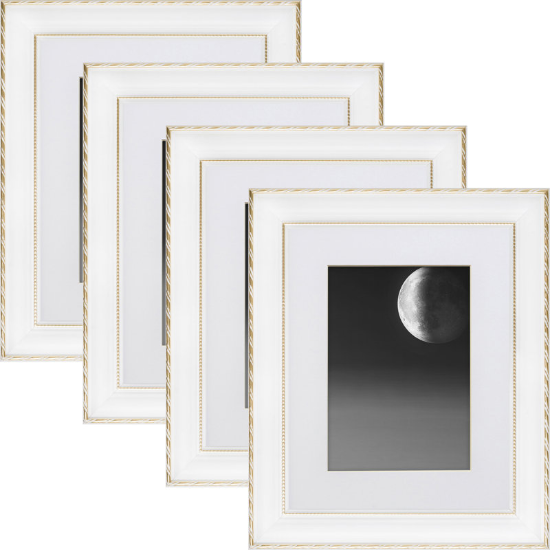 Jonia White/Gold Solid Wood Picture Frame - Set of 4 with Mat, 10" x 12" Matted to 8" x 10"