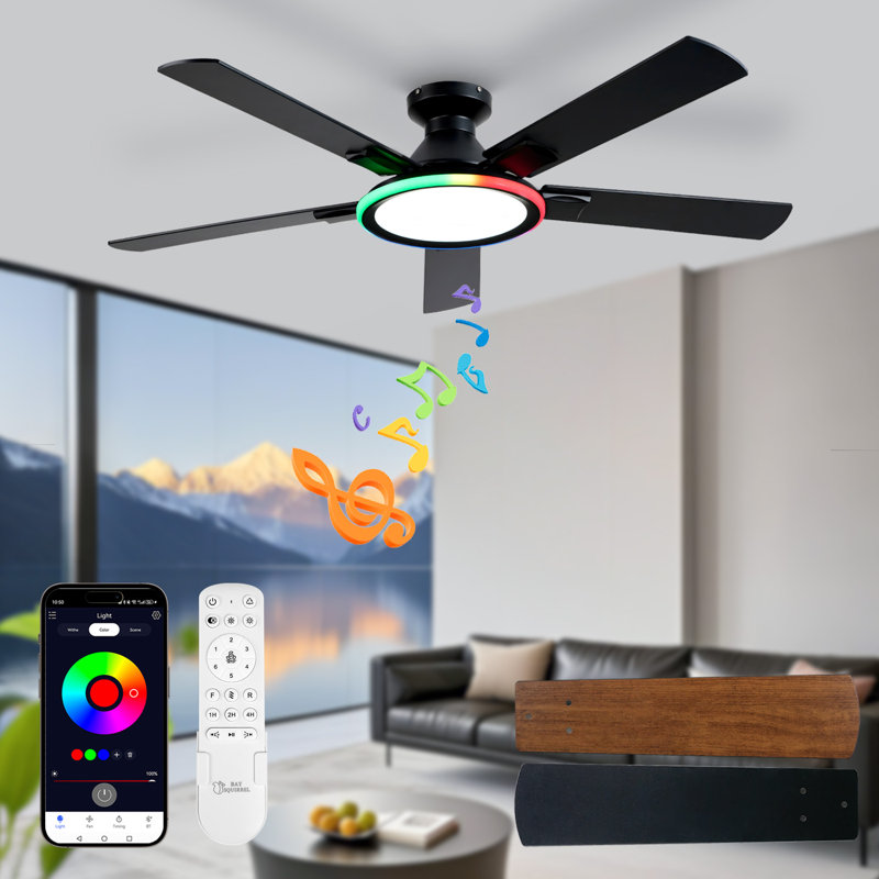 Ventilateur de plafond encastré de 132 cm avec éclairage, haut-parleur Bluetooth, éclairage d'ambiance à spectre complet, réglage de la vitesse à 6 vitesses, double commande par télécommande/application.