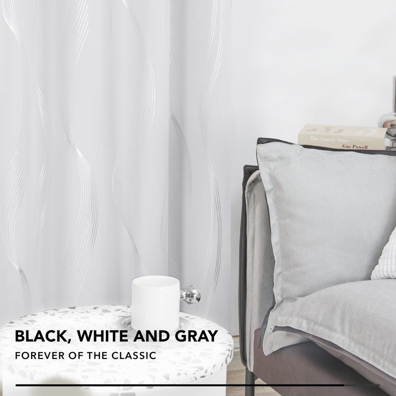 Spurgh Sliver Wave Foil Print Blackout Thermal Grommet Curtain Panels (Set of 2), Grayish White, 52" W x 63" L