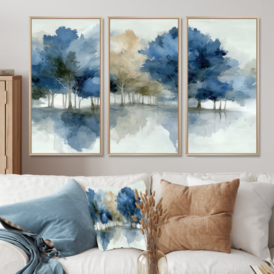 Blue Grey Watercolor Maple Tree Forest In Canada  - Maple Wall Art Set
