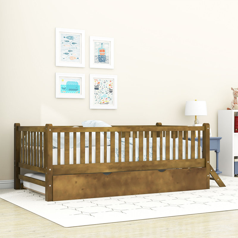 Twin Size Loft Bed With Guardrail And Twin Trundle, Walnut
