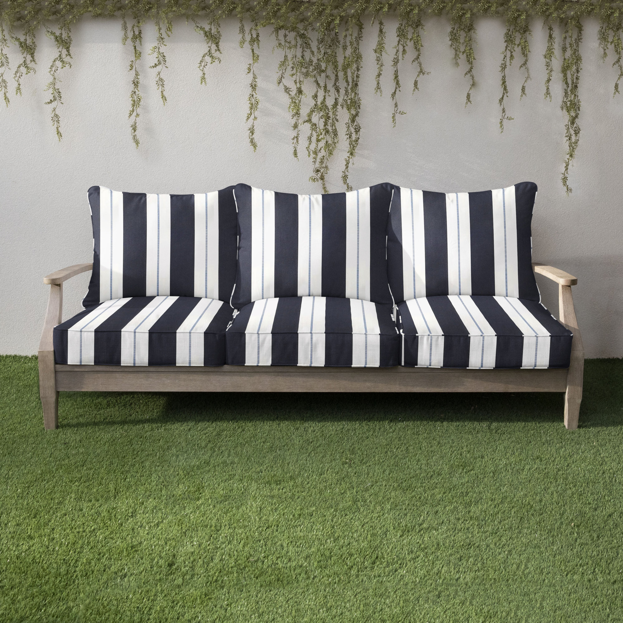 Deana Indoor/Outdoor Sunbrella Seat/Back Cushion, 27" W x 23" H, Navy Stripe Sunbrella®