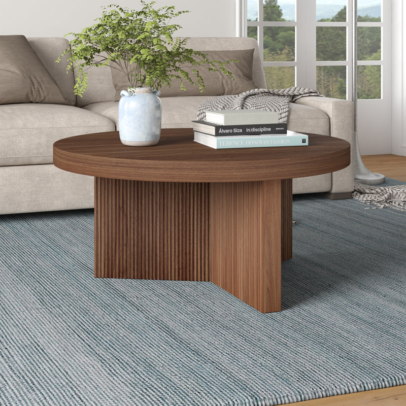 32" Wide Round Coffee Table with Fluted Base — Satin Walnut Scandinavian MDF Center Table for Living Room | Holm