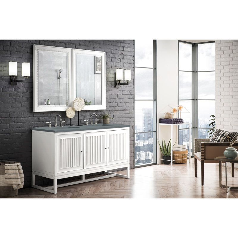 Athens 60'' W  W Double Vanity, Glossy White, Ethereal Noctis, 8" Widespread