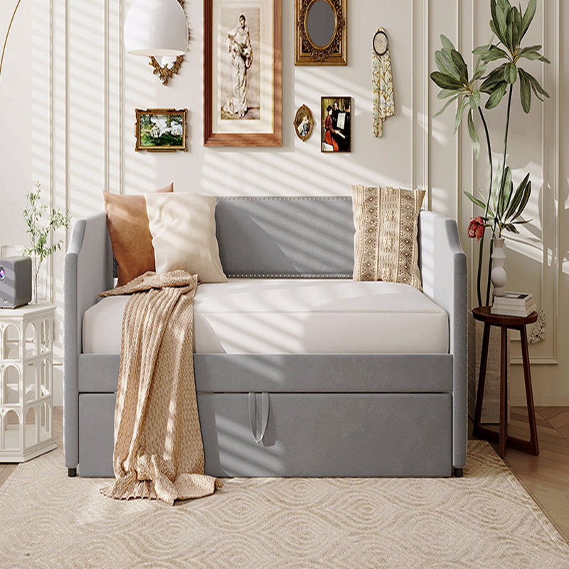 Twin Size Velvet Upholstered Design Daybed Frame With Pop Up Trundle, Gray