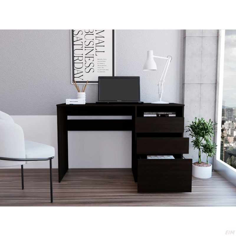 Bureau d'ordinateur à 3 tiroirs Kenai, une tablette, Noir