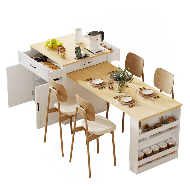 82.7 Inch Kitchen Island With Extendable Dining Table For 4-6 Person,Two-Tone Kitchen Table With Double-Sized Storage, Power Outlet, Kitchen Island With Storage 2 Drawers 2 Side Open Shelves