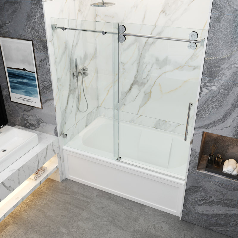 Porte de baignoire coulissante lisse sans cadre avec verre transparent de 3/8 po (10 mm) Opal Mirage MCOCOD, Chrome