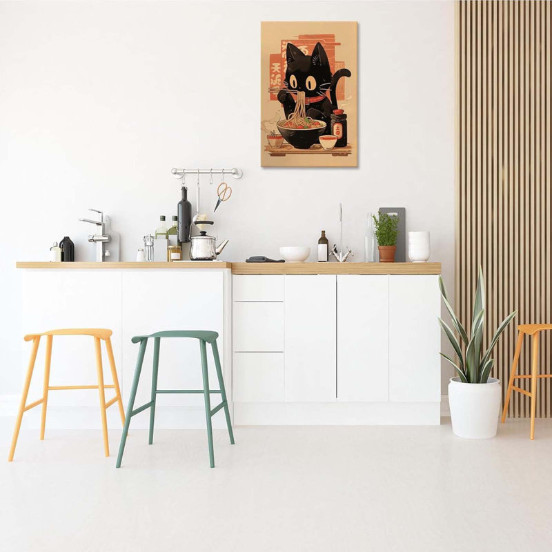 Trendy Japanese Black Cat Eating Ramen Posters Cute Animals Eating Noodles With Chopsticks Canvas Wall Art, 60 cm H x 40 cm W