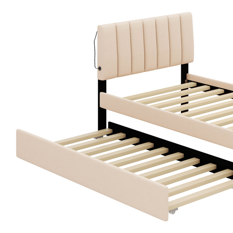 Lit plateforme tapissier avec lit gigogne Ramonda, Beige
