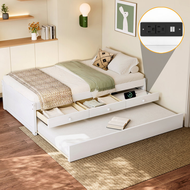 Solid Wood Platform Bed With Trundle And 2 Drawers, Twin, White