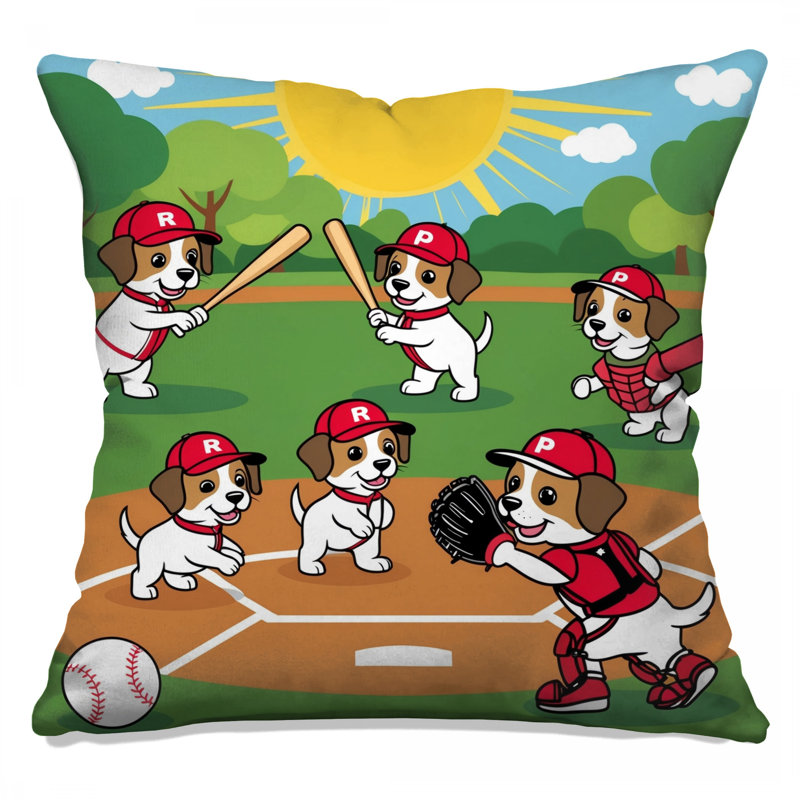 Coussins de dessin animé chiots de baseball, 20 x 20 pouces
