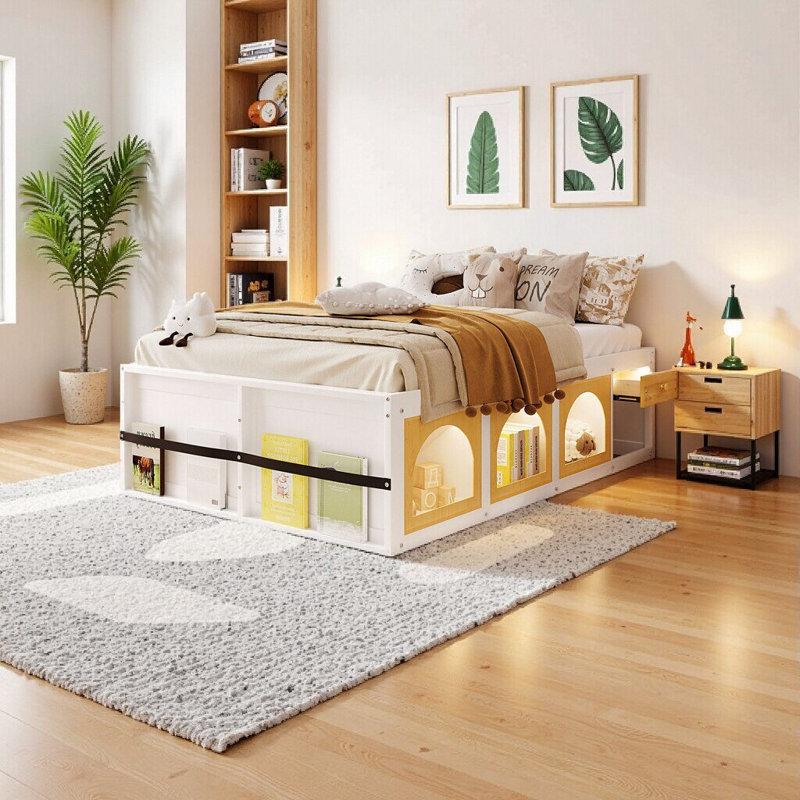 Lit plateforme moderne en bois double avec bibliothèque, lumière DEL et tiroirs de rangement - blanc et naturel
