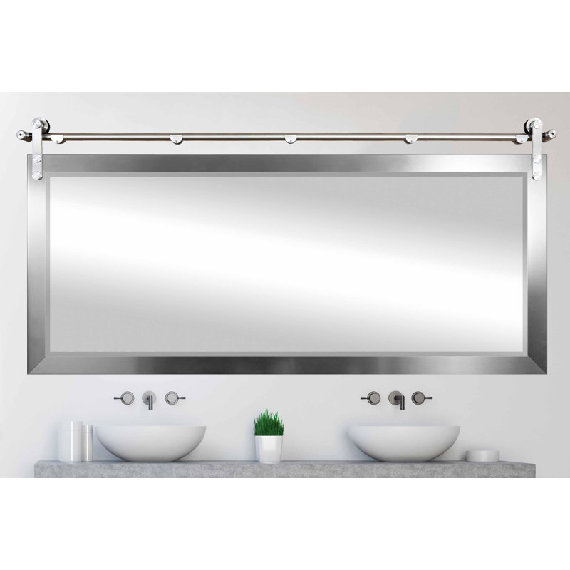 Karlyn Wood Framed Barn Door Accent Mirror, 32" H x 65.50" W x 0.75" D, Silver 