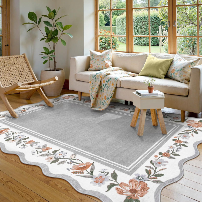  Floral Scalloped Rug Vintage Boho Washable Area Rug Soft Bedroom Rugs Non-Slip Throw Carpet, Rectangle 5' x 7'