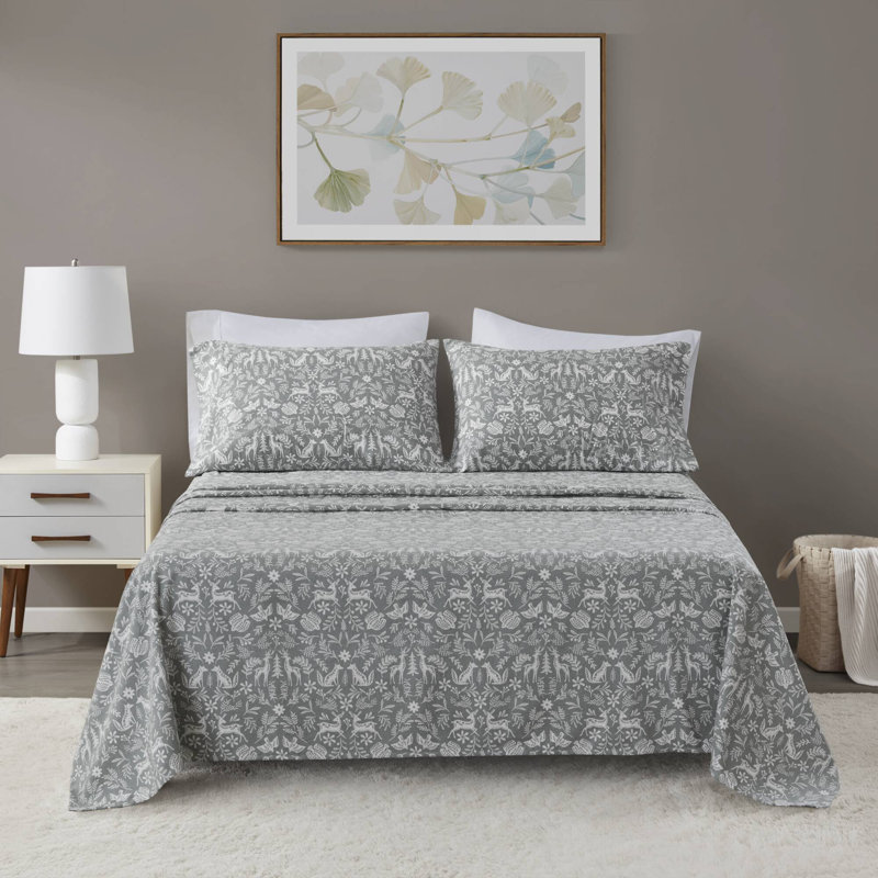 Ensemble de draps 100% coton Cozy, Ensemble de draps pour très grand lit avec 2 taie, Faune Sauge Hiver