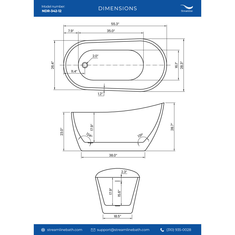 Baignoire autoportante blanche lustrée 55 "avec drain interne Streamline, Bronze huilé mat