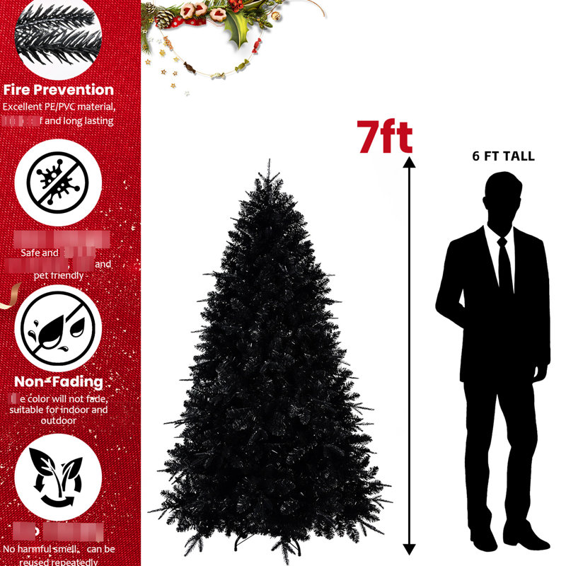 Sapin de Noël et de fêtes noir de 1,80 m, 350 lumières DEL blanches, 1460 branches PE+, branches articulées, support en métal, sapin artificiel fiable et attrayant avec branches PE+, structure pour une installation rapide