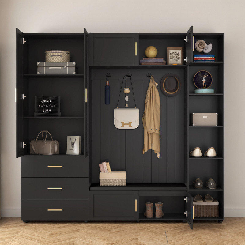 American Style 4-in-1 Hall Tree with Padded Bench Entryway Organizer, 4 Hooks & Adjustable Storage Shelves for Mudroom, Hallway