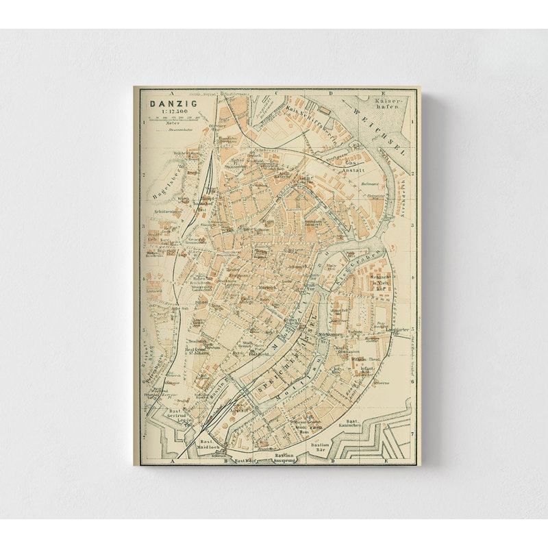 Europe, Dantourg, Gdansk, Pologne - Baedeker, carte de la ville antique de Gdansk, carte ancienne, H 56 po x l 42 po