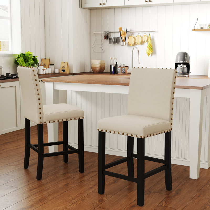 Hort 25" H Mid-century Modern Fabric Upholstered Solid Wood Counter Stool with Low Back, Beige Linen
