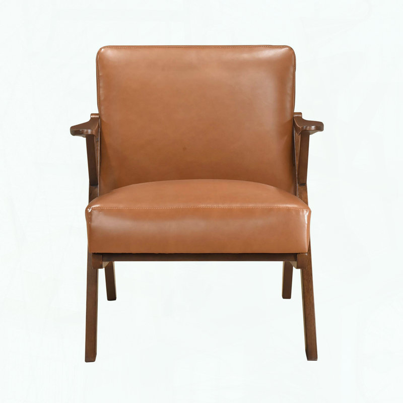 Fauteuil d'appoint en bois d'hévéa massif, similicuir et mousse enveloppée de dacron, Brun, Noyer