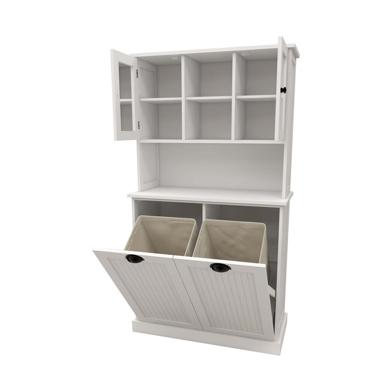 Armoire de salle de bain inclinable à deux compartiments avec panier à linge haut et 2 tablettes réglables, peu encombrante et durable