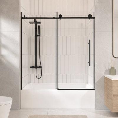 Porte de douche coulissante sans cadre, l 56 à 60 po x H 60 po, finition noir mat, verre de sécurité trempé transparent de 6 mm avec film antidéflagrant, poignée en acier inoxydable