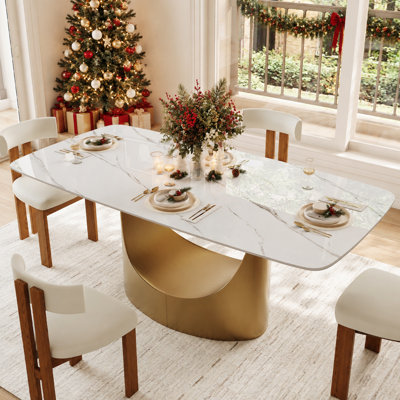 63-95" Extendable Modern Dining Table for 4-10, Glossy Faux Marble Table with Bronze Moon Steel Leg 