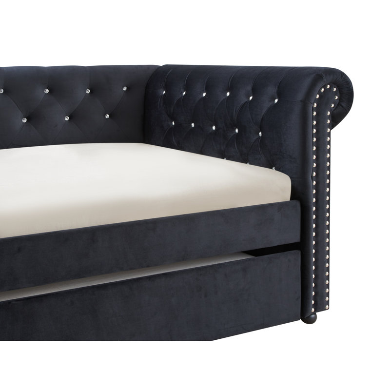 Loe Twin Daybed with Pull-Out Trundle, Chesterfield Black Velvet Upholstery, Black, Twin