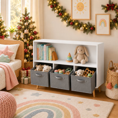 Bibliothèque pour enfants avec 3 bacs de rangement en tissu gris, blanc, 35,4 po