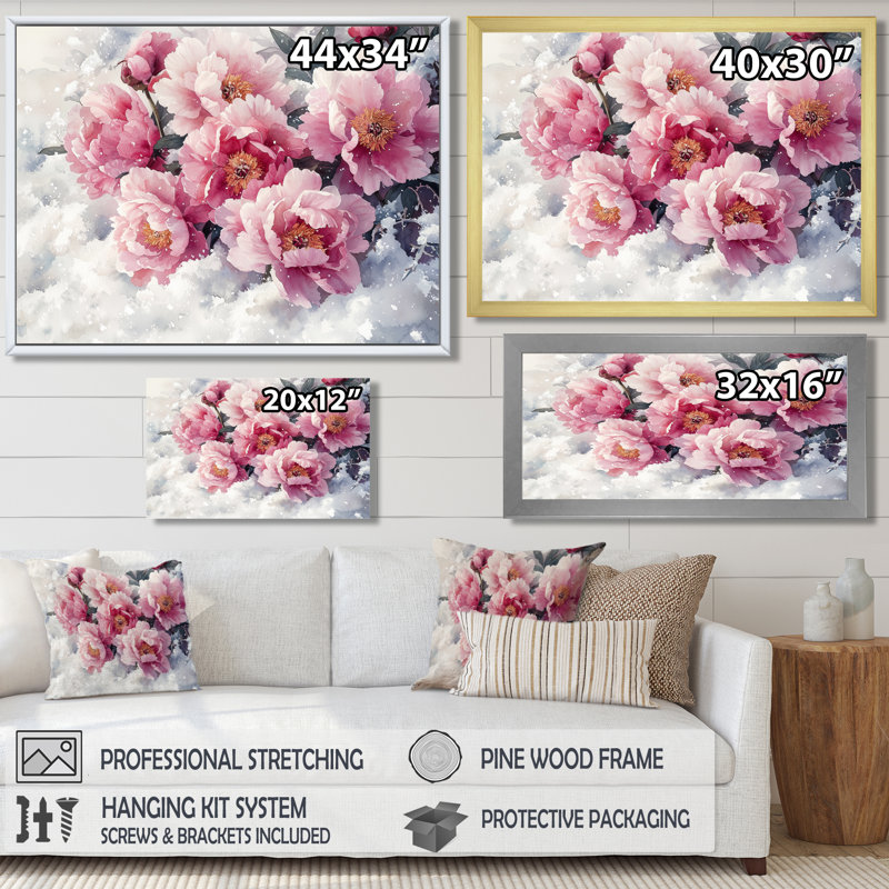 Inarah pivoines dans la neige I - pivoines, art mural, H 30 po x l 40 po, Reproduction encadrée d'une seule photo, Doré