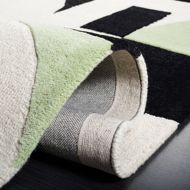 Tapis vert / noir / blanc en laine fabriqué à la main Felipe, Rectangle 3 pi x 5 pi