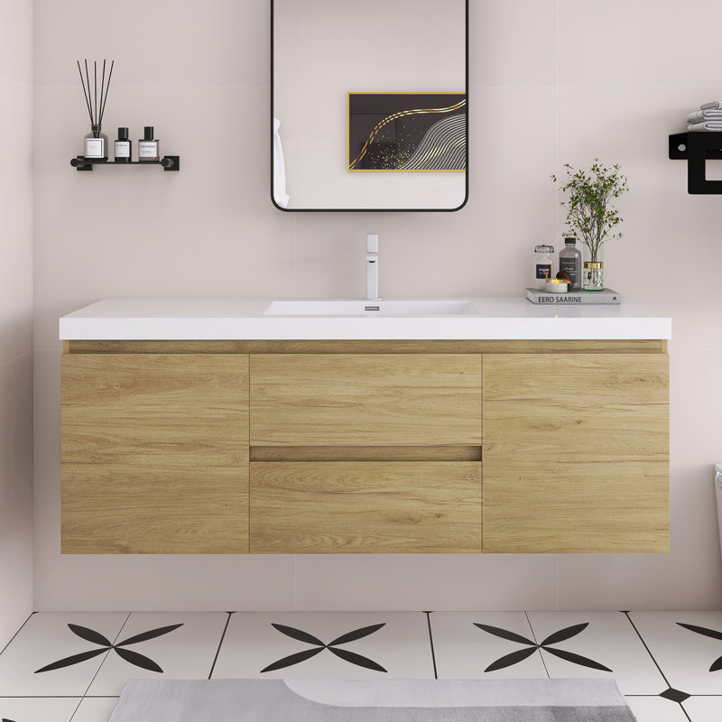 Meuble-lavabo simple 60 po avec plateau en résine, Chêne naturel