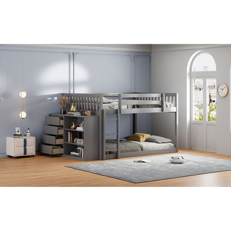 Lit superposé double pleine grandeur avec rangement organisateur - 4 tiroirs et 3 tablettes au-dessus des matériaux, Gris