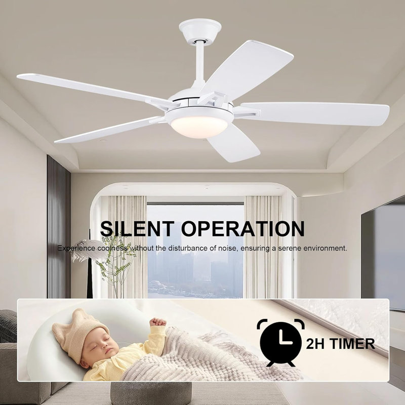 Ventilateur de plafond 52 pouces à 5 pales avec lumières et télécommande, Blanc